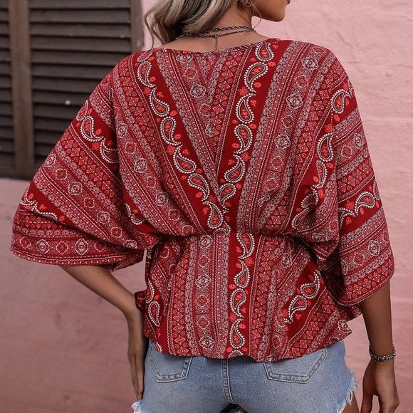 Boho Womens Paisley Print Batwing Sleeve Peplum Blouse - Picture 2 of 5